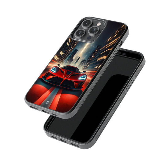 Red Super Car In City Glossy Metal Case